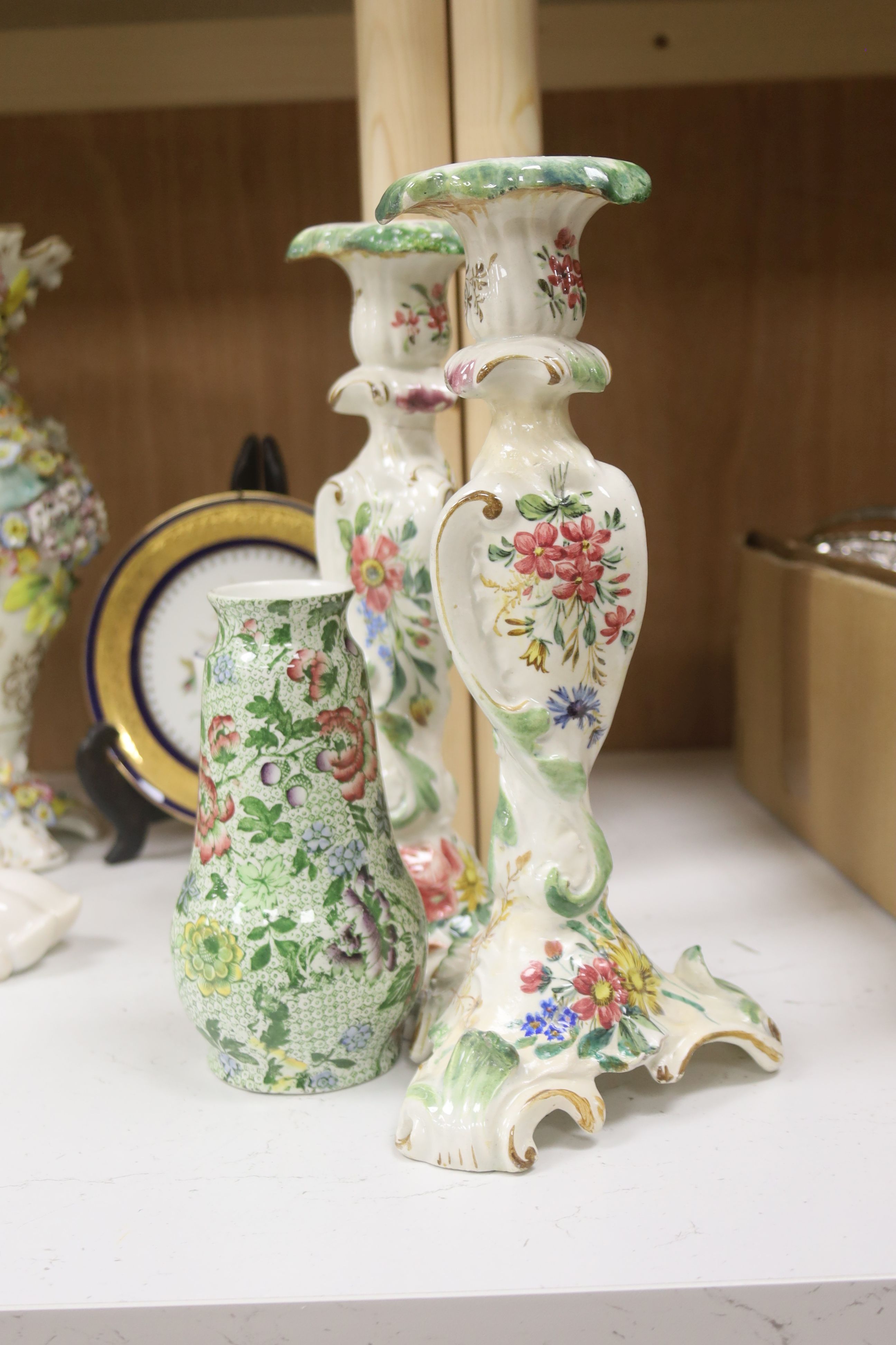 A set of three Victorian Coalbrookdale type vases, a Continental Three Graces group and sundry ceramics, tallest 34cm